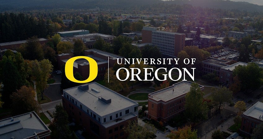 Example of UO logo on aerial campus photo as a video outro