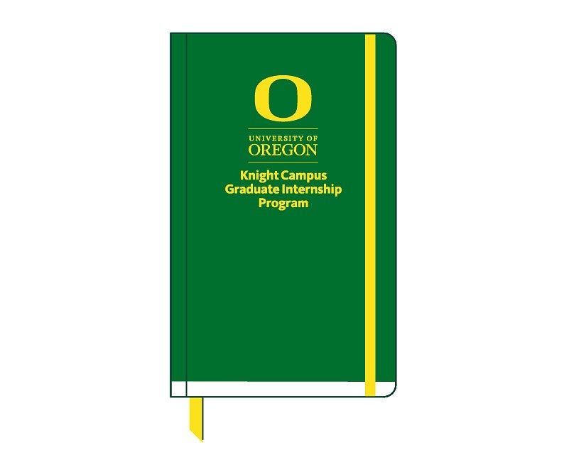 drawing of book with UO logo on cover, entitled Knight Campus Graduate Internship Program