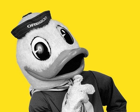 the Duck in greyscale on a yellow background