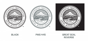 The UO Great Seal in Black, UO Dark Gray, and reversed