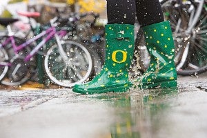 Green Boots Splashing in Puddle
