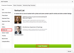 Screenshot of the WYSIWYG with the Vertical List and Insert Template buttons highlighted