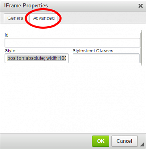 Screenshot of the iFrame Properties with Advanced circled