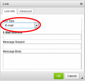 Screenshot of the box to add an email link Screenshot of the box to add an email link