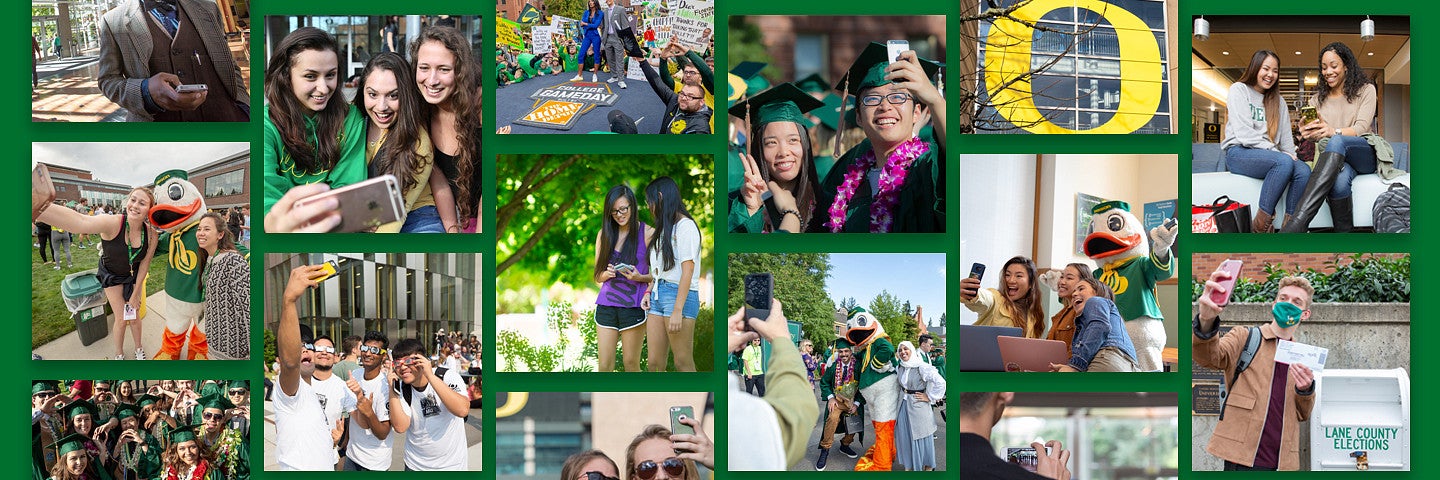 Webpage banner featuring photos of students taking selfies