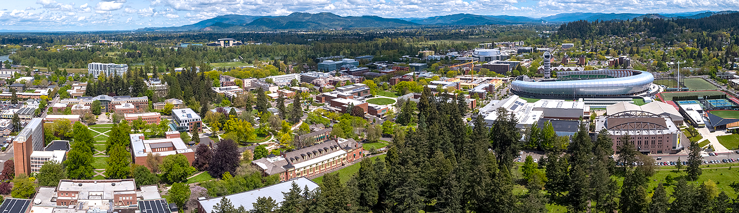 aerial view of uo buildings and campus