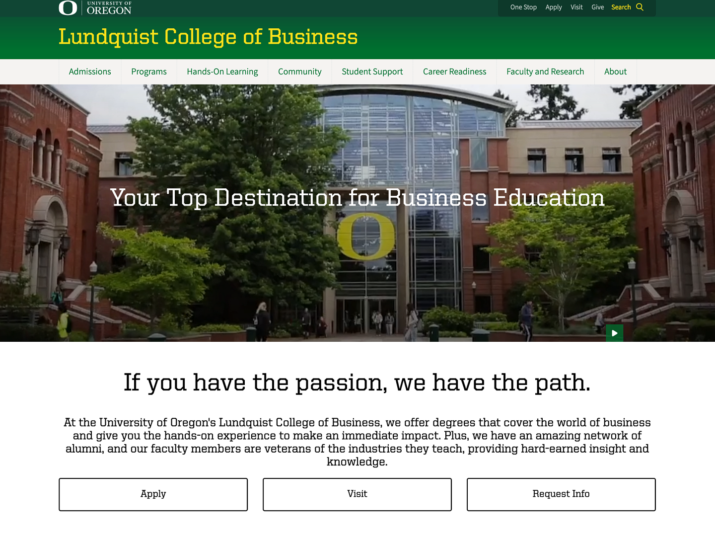Screenshot of College of Business website homepage