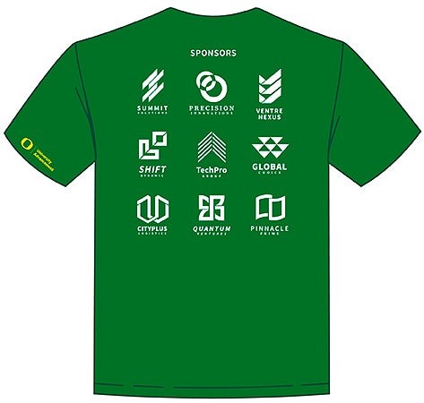 drawing of a green cobranded t-shirt with white company logos