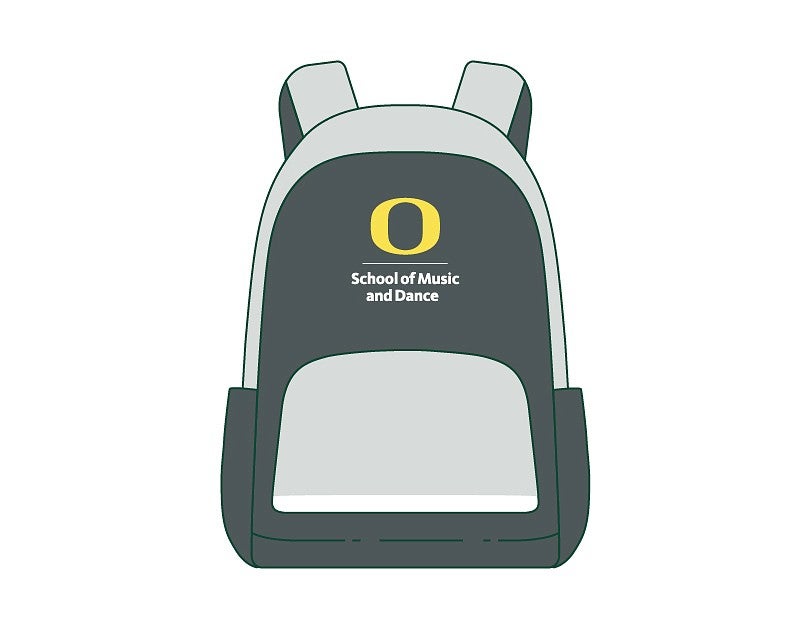 drawing of a backpack including the UO School of Music and Dance logo