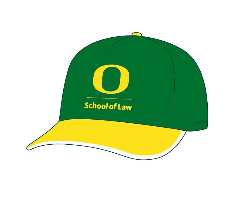 drawing of a green and yellow ball cap that includes the UO School of Law logo