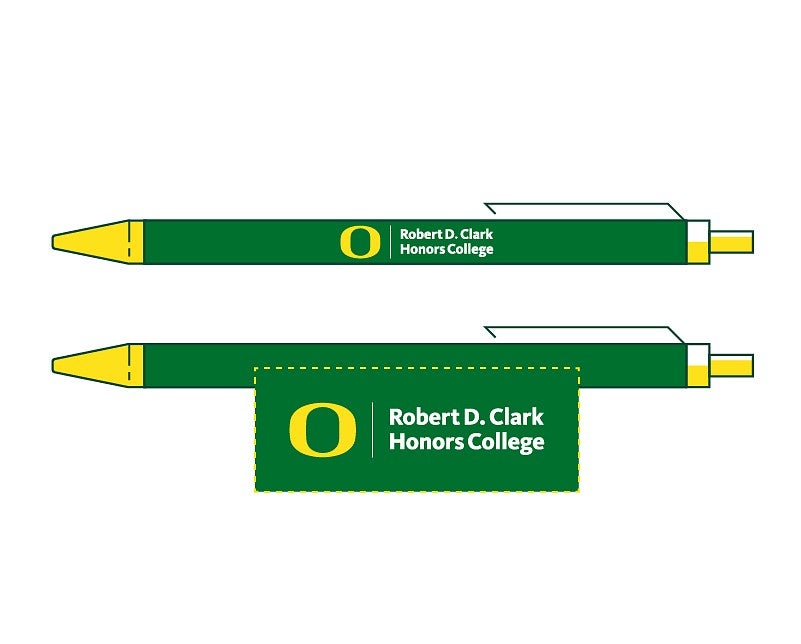 drawing of pens that include branding for the Robert D. Clark Honors College