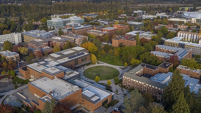 aerial image of UO buildings on campus