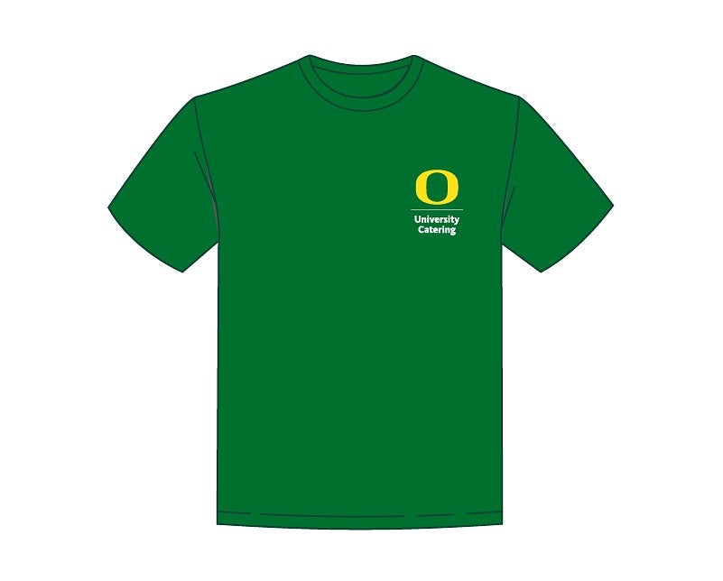 drawing of a green t-shirt that includes a UO University Catering logo
