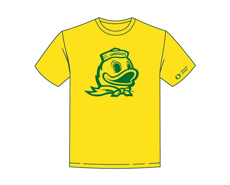drawing of a yellow t-shirt that includes the Duck and a UO logo