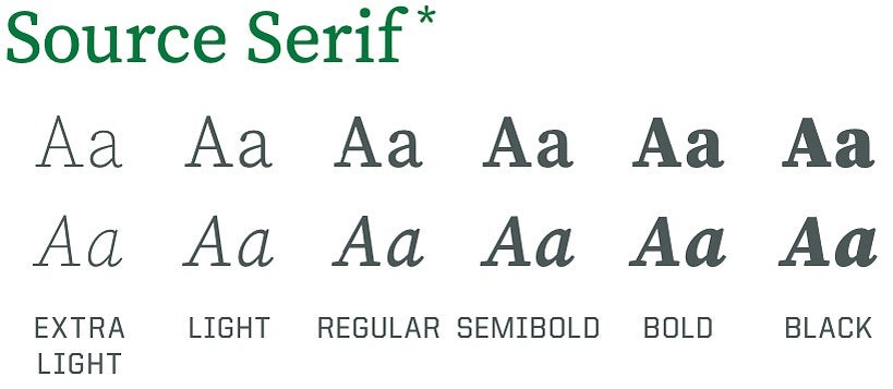 Source Serif example letters in extra light, light, regular, semibold, bold, and black