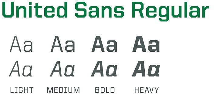 United Sans Regular example letters in light, medium, bold, and heavy weights