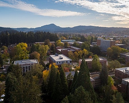 an aerial view of the UO campus and Eugene