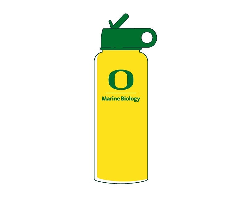 drawing of a yellow water bottle that includes a UO Marine Biology logo
