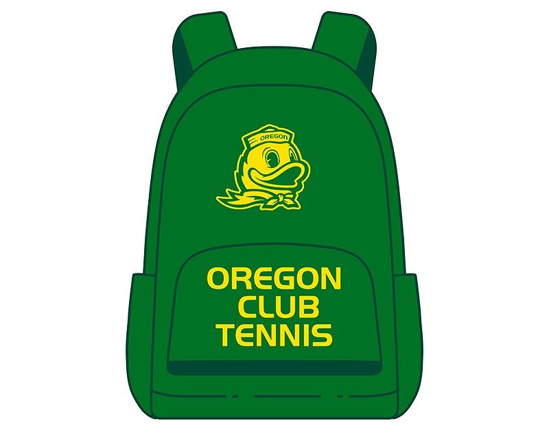 drawing of a green Oregon Club Tennis backpack with Duck logo