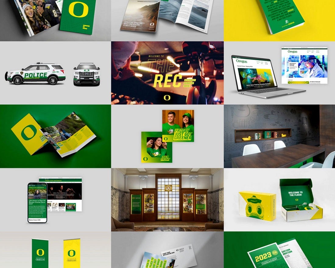 a grid of images that show UO brand-related projects