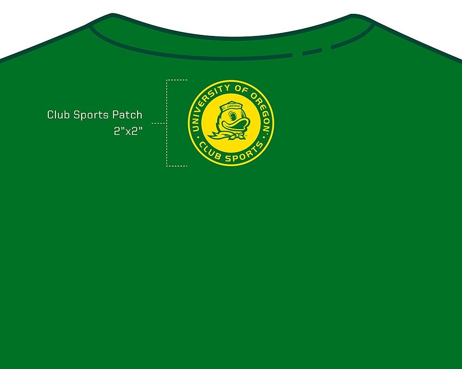 yellow University of Oregon Club Sports logo patch on a drawing of a green shirt