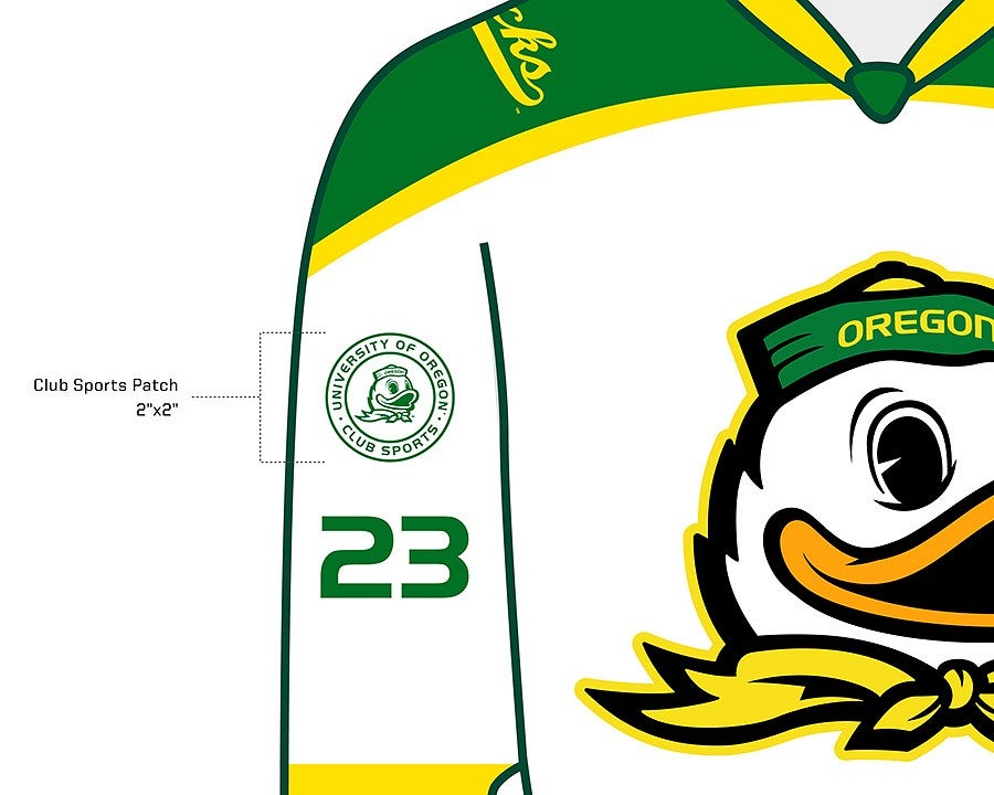 University of Oregon Club Sports logo patch on a drawing of a branded hockey jersey sleeve