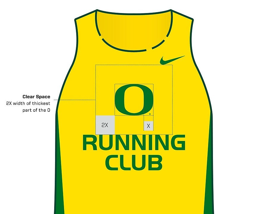 University of Oregon O logo on a drawing of a branded shirt, showing required clear space around the O