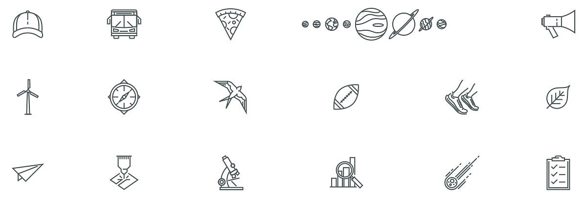 line art icons including a bird, football, microscope, and planets