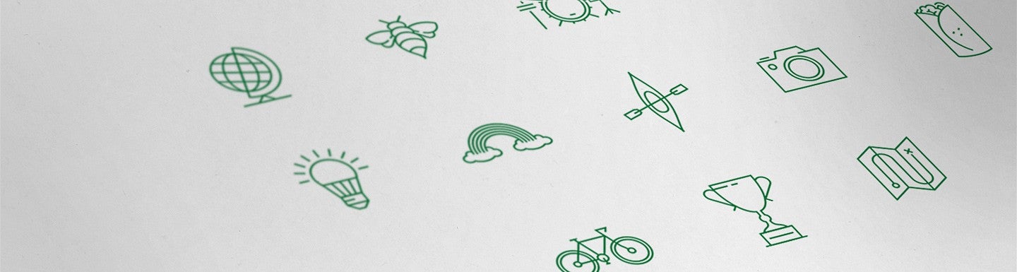 line art icons including a bee, kayak, bicycle, globe, and camera