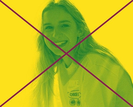 a crossed out photo of a person smiling in green monotone with a yellow background