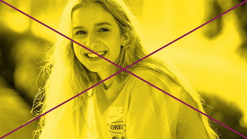 a crossed out photo of a person smiling with a yellow overlay