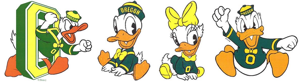 Four Disney drawings of ducks wearing Univeristy of Oregon apparel