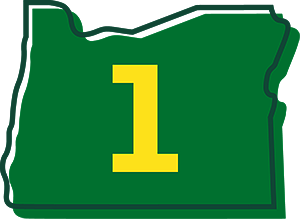 the number one on a background shaped like the state of Oregon