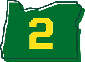 the number two on a background shaped like the state of Oregon