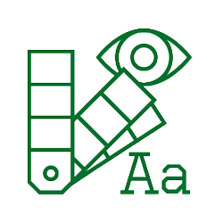 a line drawing of paint swatches, an eye, and an upper and lowercase letter A