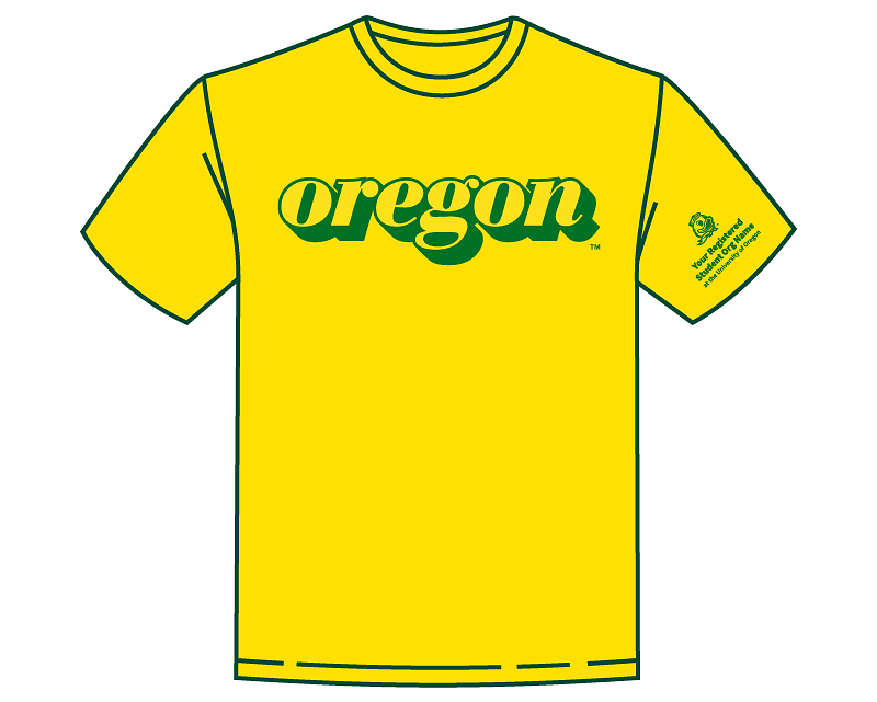 drawing of a yellow t-shirt that says "oregon" in green letters