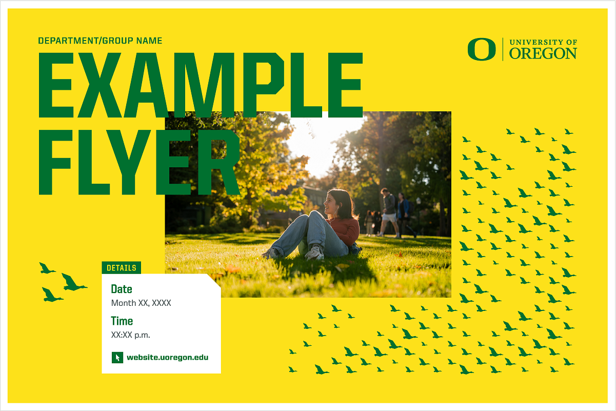 example flyer featuring a person sitting in the grass on a sunny day and the soaring ducks background