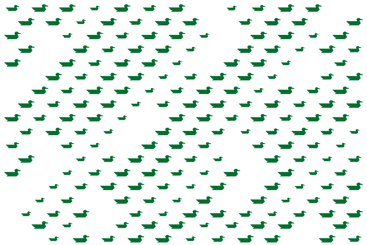 a white background with green silhouettes of ducks in a pattern with mixed duck sizes