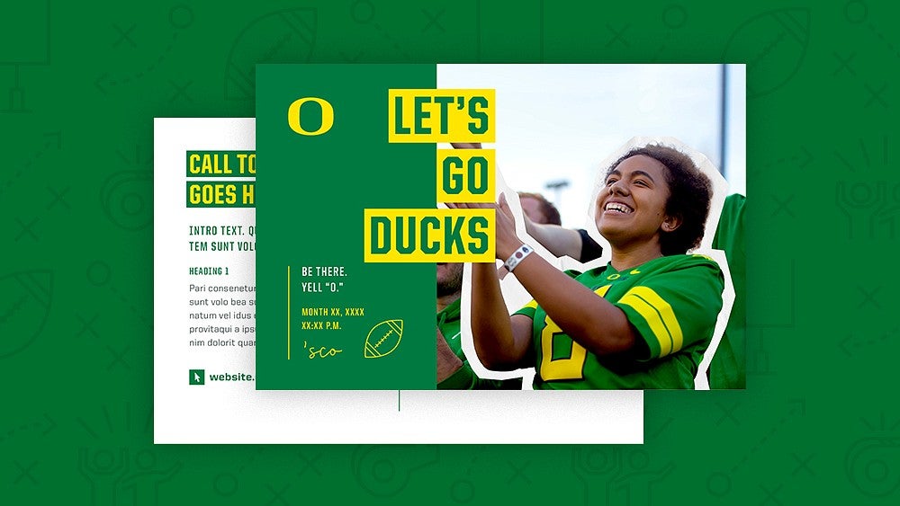 postseason postcard template with a person cheering and text such as Let's Go Ducks