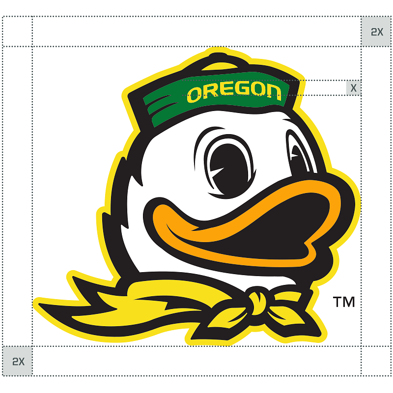 the Duck mascot mark with minimum clear space labeled