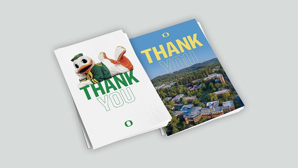 UO-themed thank-you cards featuring the Duck and Eugene campus