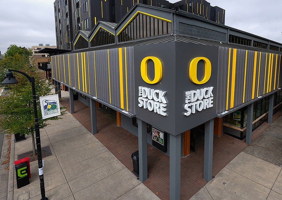 A photo of the outside of The Duck Store on the corner of 13th and Kincaid Street in Eugene
