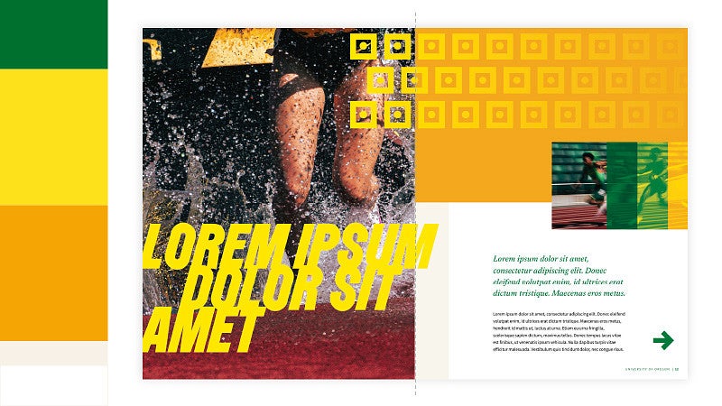example booklet interior spread showing the use of UO Yellow, UO Green, with secondary colors Duck Bill and Sunrise