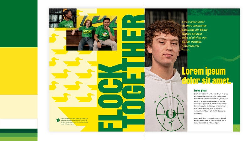 example booklet interior spread showing the use of UO Green and UO Yellow along with secondary colors