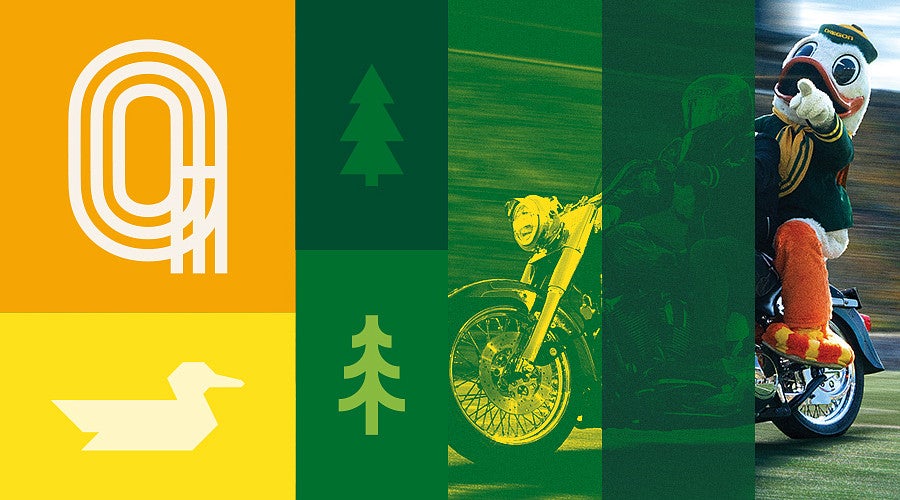 collage of brand icons and a photo of duck on bckmotorcycle