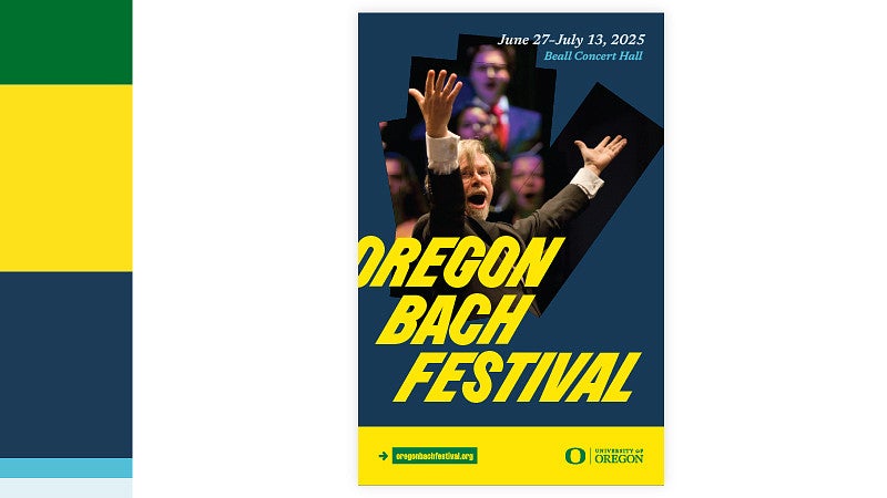 example event poster showing the use of UO Yellow, UO Green, and secondary colors Pacific, Crater Lake, and Fog