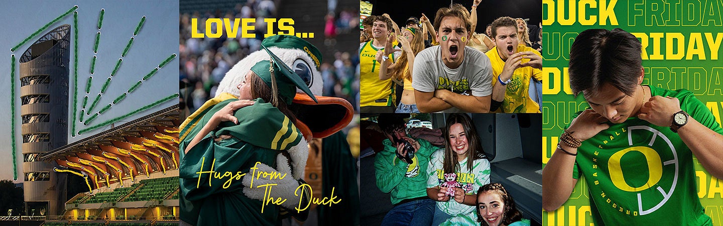 social media images including Hayward Tower, the Duck hugging a graduate, and students