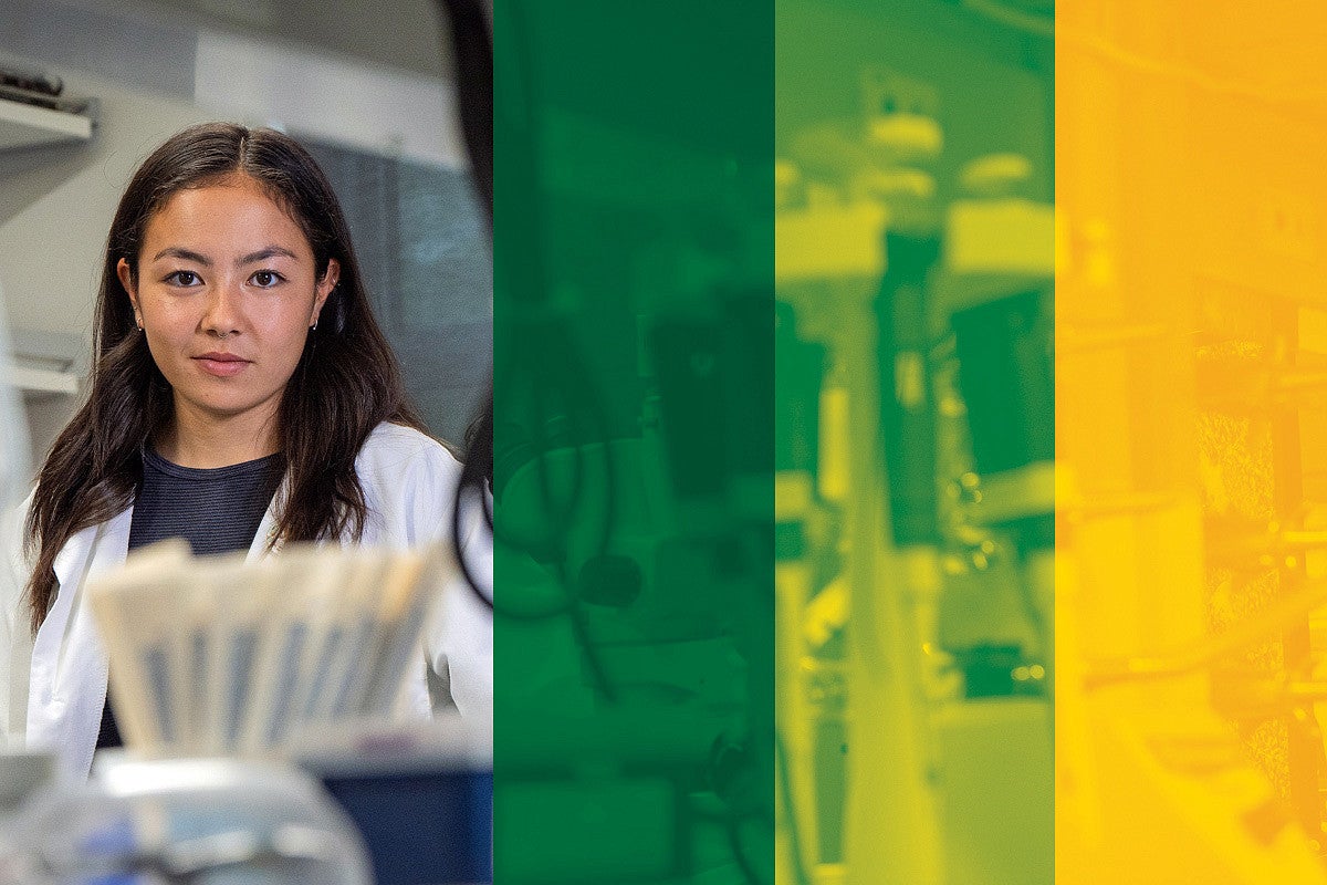 collage of student in a lab and three duotone examples
