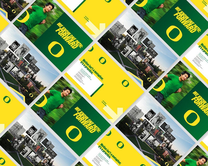 page layout collage with the words "we know one path: forward" and a runner 