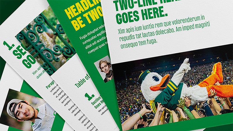 five examples, fanned out, of page layouts using UO branding